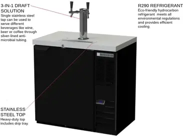 Beverage Air DD36HC-1-S 2 Taps 1/2 Barrel Draft Beer Cooler - Stainless Steel, 1 Keg Capacity, 115 Volts