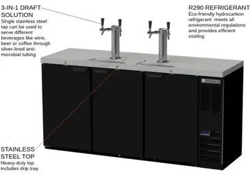 Beverage Air DD72HC-1-B 4 Taps 1/2 Barrel Draft Beer Cooler - Black, 3 Kegs Capacity, 115 Volts