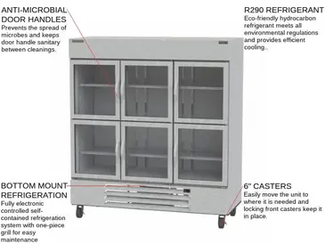 Beverage Air HBR72HC-1-HG 75'' 72 cu. ft. Bottom Mounted 3 Section Glass Half Door Reach-In Refrigerator