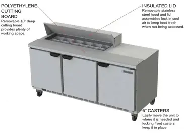 Beverage Air SPE72HC-12 72'' 3 Door Counter Height Refrigerated Sandwich / Salad Prep Table with Standard Top