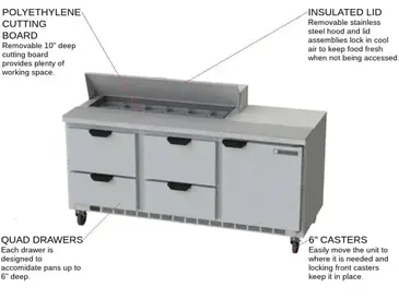 Beverage Air SPED72HC-12-4 72'' 1 Door 4 Drawer Counter Height Refrigerated Sandwich / Salad Prep Table with Standard Top