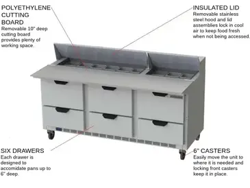 Beverage Air SPED72HC-18C-6 72'' 6 Drawer Counter Height Refrigerated Sandwich / Salad Prep Table with Cutting Top