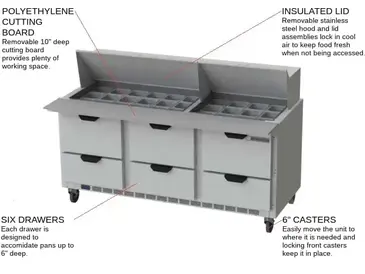 Beverage Air SPED72HC-30M-6 72'' 6 Drawer Counter Height Mega Top Refrigerated Sandwich / Salad Prep Table