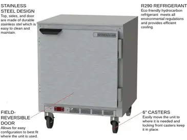 Beverage Air UCF27HC 27'' 1 Section Undercounter Freezer with 1 Right Hinged Solid Door and Front Breathing Compressor