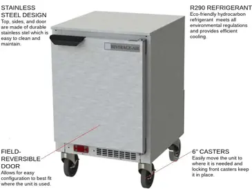 Beverage Air UCR20HC 20'' 1 Section Undercounter Refrigerator with 1 Right Hinged Solid Door and Side / Rear Breathing Compressor