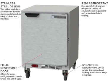 Beverage Air UCR24AHC 24'' 1 Section Undercounter Refrigerator with 1 Right Hinged Solid Door and Front Breathing Compressor