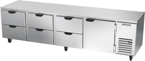 Beverage Air UCRD119AHC-6 119'' 4 Section Undercounter Refrigerator with 1 Right Hinged Solid Door 6 Drawers and Side / Rear Breathing Compressor