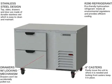 Beverage Air UCRD46AHC-2 46'' 1 Section Undercounter Refrigerator with 2 Drawers and Front Breathing Compressor