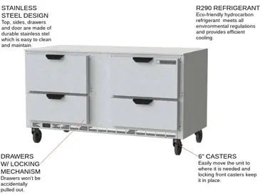 Beverage Air UCRD60AHC-4 60'' 2 Section Undercounter Refrigerator with 4 Drawers and Front Breathing Compressor