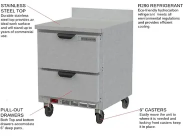 Beverage Air WTFD27AHC-2 27'' 2 Drawer Counter Height Worktop Freezer with Side / Rear Breathing Compressor - 6.13 cu. ft.
