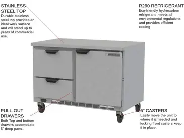 Beverage Air WTFD48AHC-2-FLT 48'' 1 Door 2 Drawer Counter Height Worktop Freezer with Side / Rear Breathing Compressor - 13.9 cu. ft.