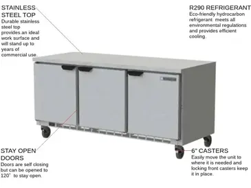 Beverage Air WTR72AHC-FLT 72'' 3 Door Counter Height Worktop Refrigerator with Side / Rear Breathing Compressor - 21.5 cu. ft.