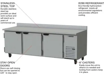 Beverage Air WTR93AHC 93'' 3 Door Counter Height Worktop Refrigerator with Side / Rear Breathing Compressor - 29.7 cu. ft.