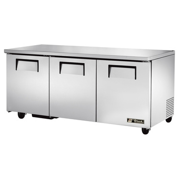 True Mfg. - General Foodservice TUC-72-HC 72.38'' 3 Section Undercounter Refrigerator with 3 Left/Right Hinged Solid Doors and Front Breathing Compressor