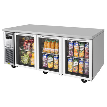 Turbo Air JUR-72-G-N 70.88'' 3 Section Undercounter Refrigerator with 3 Left/Right Hinged Glass Doors and Side / Rear Breathing Compressor