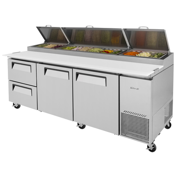 Turbo Air TPR-93SD-D2-N 93.38'' 2 Door 2 Drawer Counter Height Refrigerated Pizza Prep Table