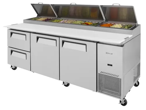 Turbo Air TPR-93SD-D2-N 93.38'' 2 Door 2 Drawer Counter Height Refrigerated Pizza Prep Table