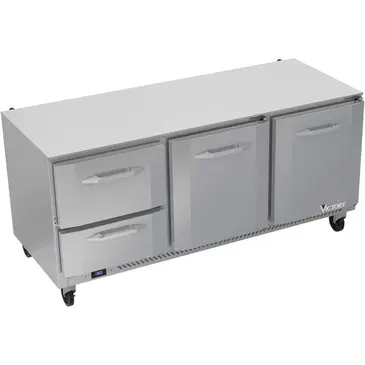 Victory Refrigeration VURD72HC-2 72'' 3 Section Undercounter Refrigerator with 2 Right Hinged Solid Doors 2 Drawers and Side / Rear Breathing Compressor