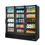 True Mfg. - General Foodservice FLM-81~TSL01 80.75'' Black 3 Section Swing Refrigerated Glass Door Merchandiser