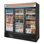True Mfg. - General Foodservice GDM-72-HC~TSL01 78.13'' Black 3 Section Swing Refrigerated Glass Door Merchandiser