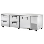 True Mfg. - General Foodservice TUC-93D-4-HC 93.25'' 3 Section Undercounter Refrigerator with 1 Right Hinged Solid Door 4 Drawers and Side / Rear Breathing Compressor