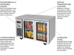 Turbo Air JUR-48-G-N 47.25'' 2 Section Undercounter Refrigerator with 2 Left/Right Hinged Glass Doors and Side / Rear Breathing Compressor