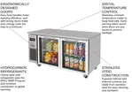 Turbo Air JUR-60-G-N 59'' 2 Section Undercounter Refrigerator with 2 Left/Right Hinged Glass Doors and Side / Rear Breathing Compressor