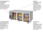 Turbo Air JUR-72-G-N 70.88'' 3 Section Undercounter Refrigerator with 3 Left/Right Hinged Glass Doors and Side / Rear Breathing Compressor