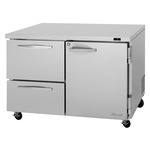 Turbo Air PUF-48-D2R(L)-N 48.25'' 2 Section Undercounter Freezer with 1 Solid Door 2 Drawers and Side / Rear Breathing Compressor