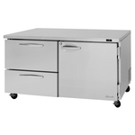 Turbo Air PUF-60-D2R(L)-N 60.25'' 2 Section Undercounter Freezer with 1 Solid Door 2 Drawers and Side / Rear Breathing Compressor